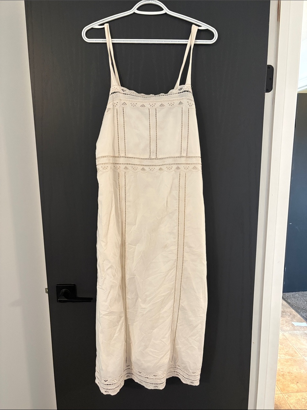 aerie Cream Eyelet-Trim Spaghetti Strap Midi Dress